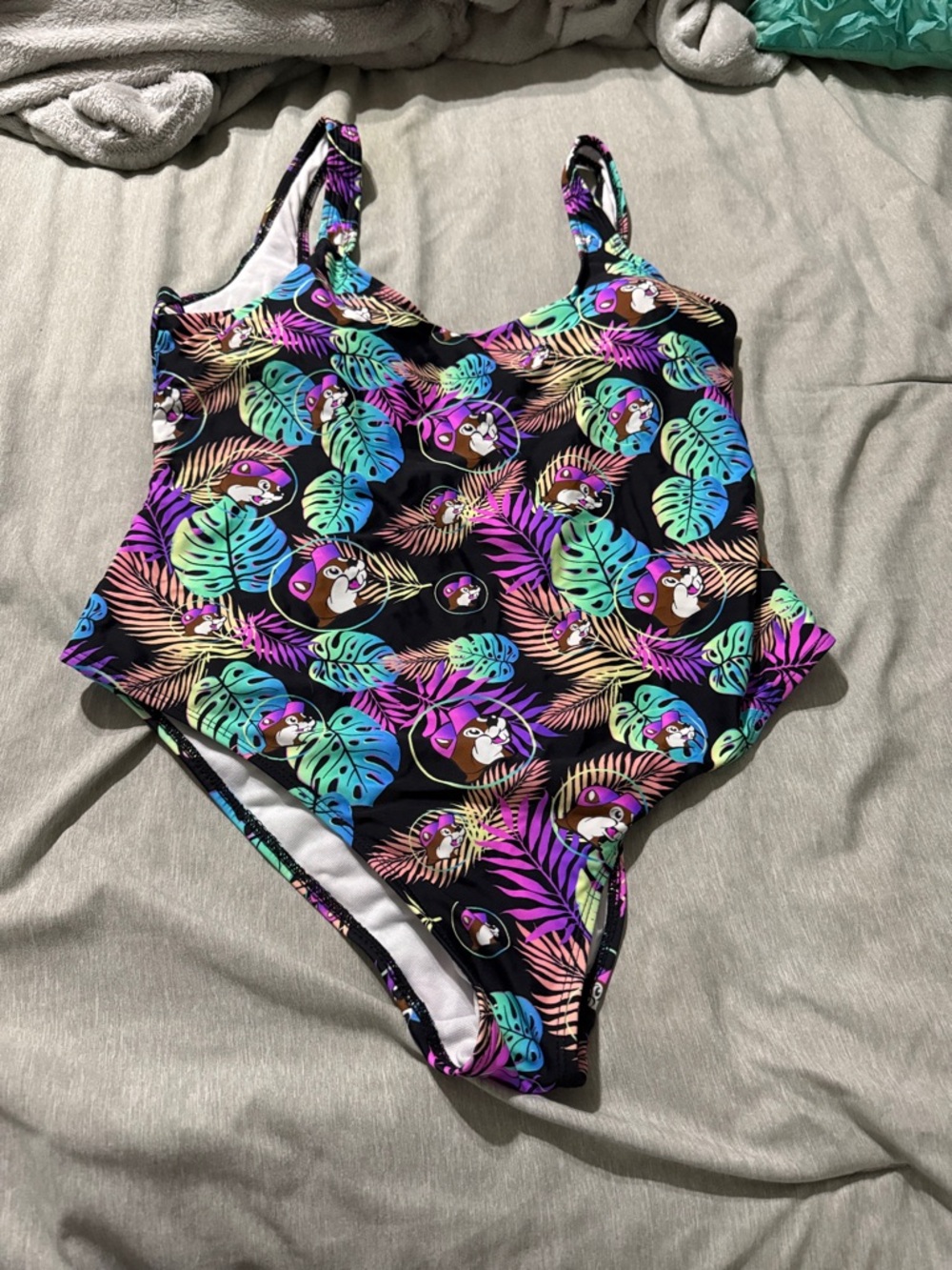 Tropical Leaf One-Piece Swimwear in Black with Neon Accents